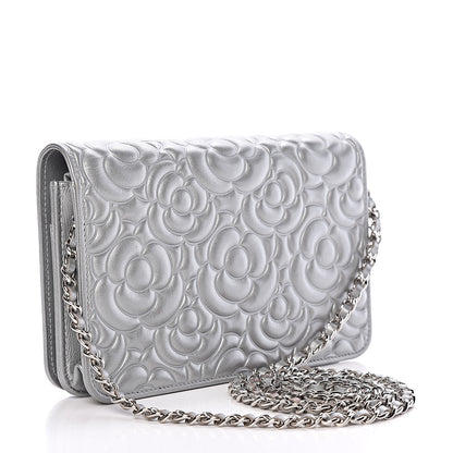 Chanel Metallic Lambskin Camellia Crystal Wallet on Chain WOC Silver 3 of 14