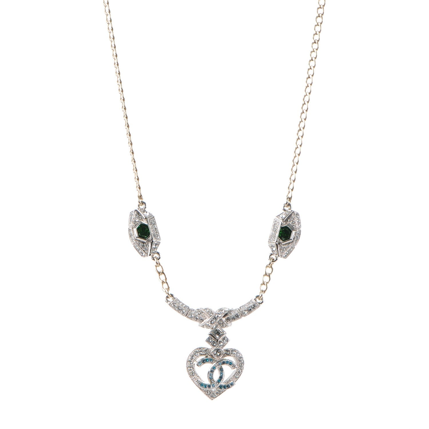 Chanel Crystal Heart Eye CC Pendant Necklace Gold Silver 1 of 5