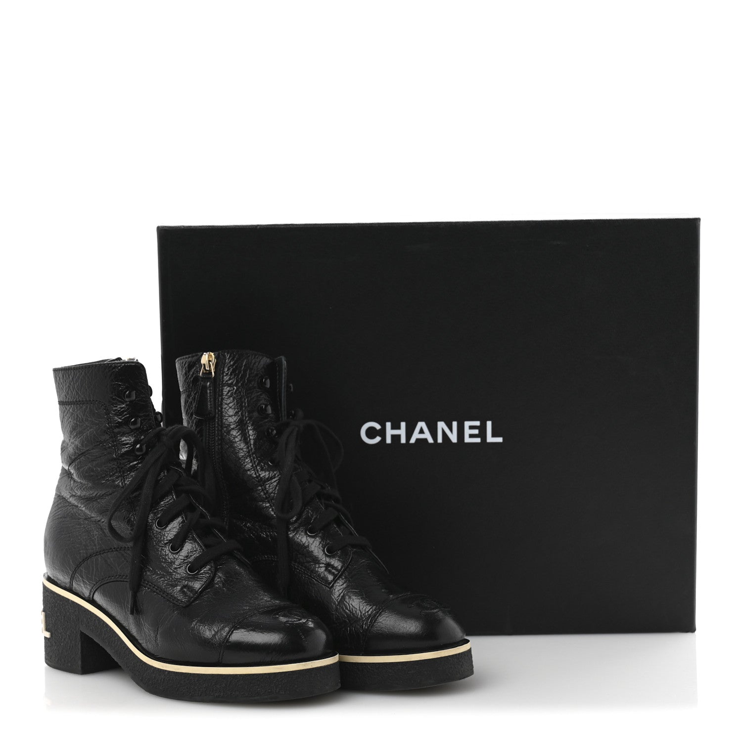 Chanel Shiny Crumpled Lambskin Lace Up Combat Boots 36.5 Black 10 of 10