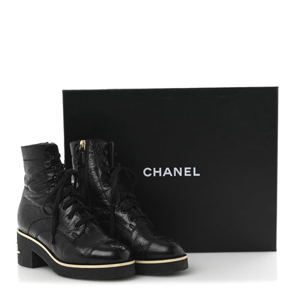 Chanel Shiny Crumpled Lambskin Lace Up Combat Boots 36.5 Black 10 of 10