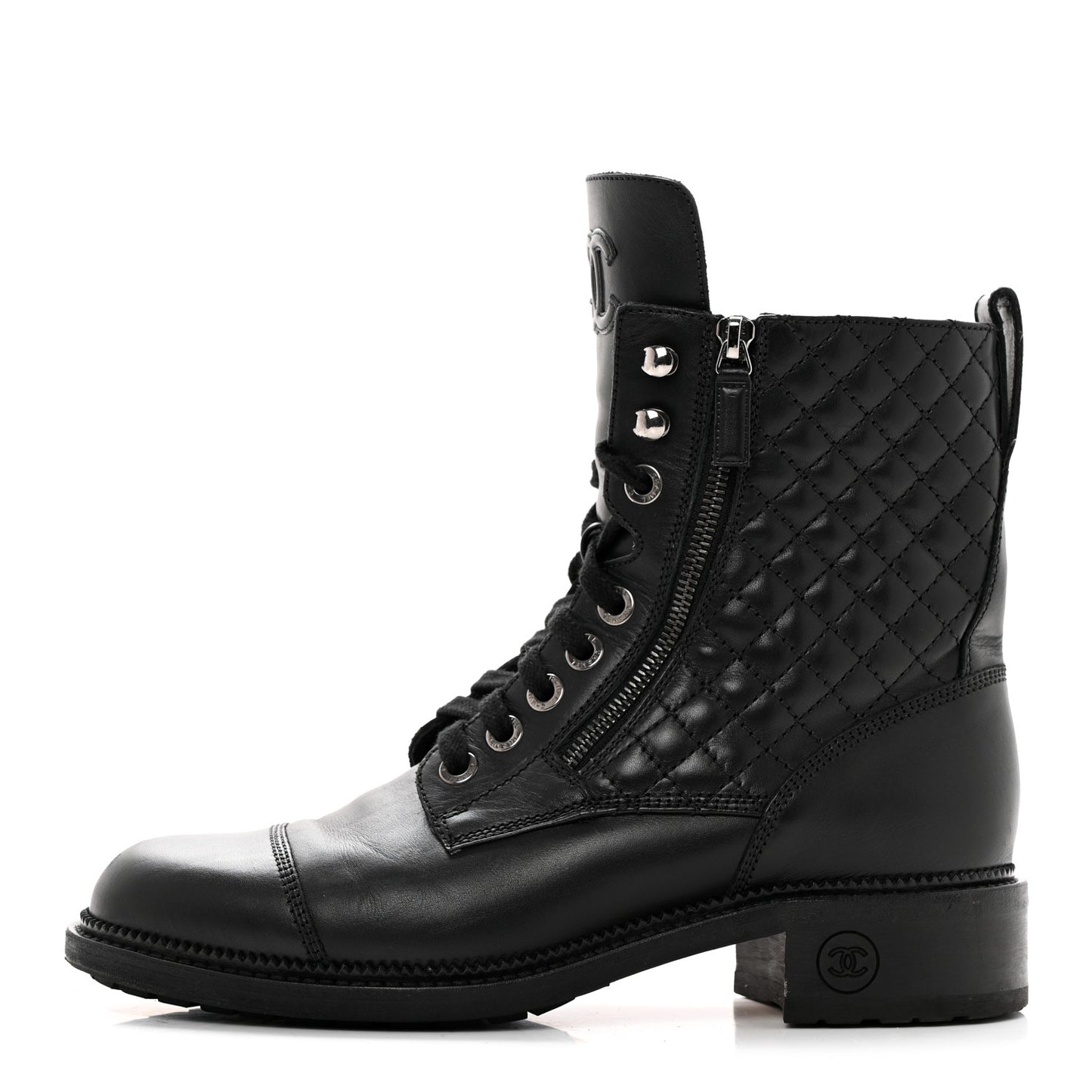 Calfskin Quilted Lace Up Combat Boots 41.5 Black