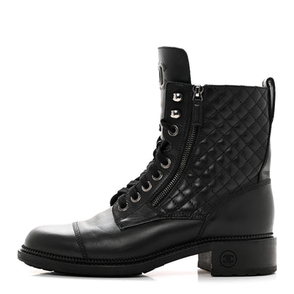 Chanel Calfskin Quilted Lace Up Combat Boots 41.5 Black 1 of 11