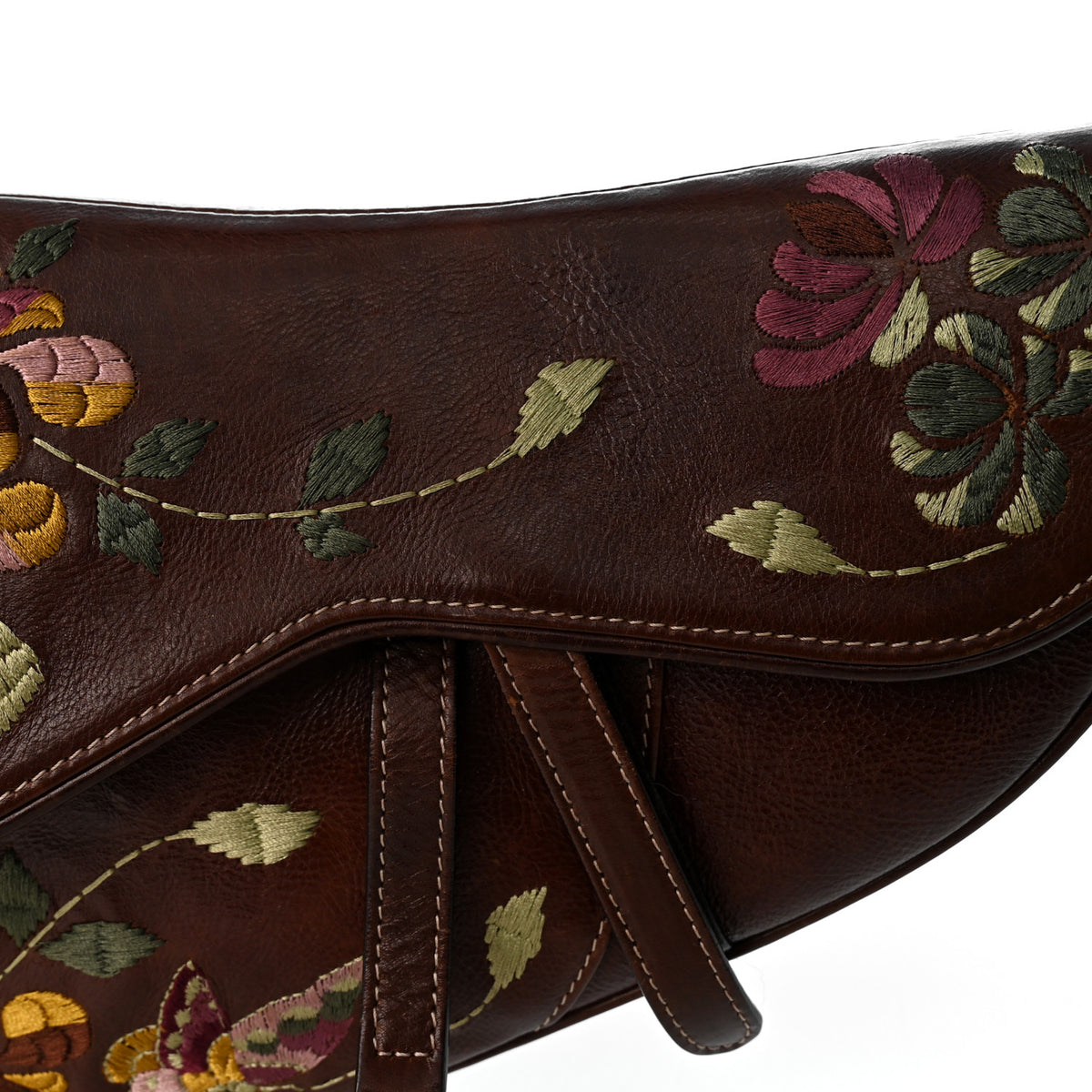 Calfskin Embroidered Romantic Flowers Saddle Bag Brown