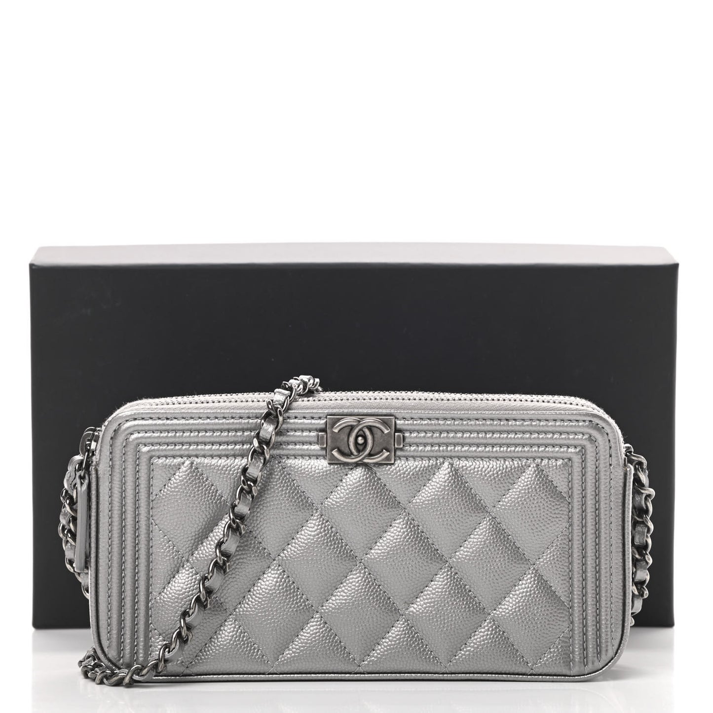 Metallic Caviar Quilted Small Boy Clutch With Chain Silver