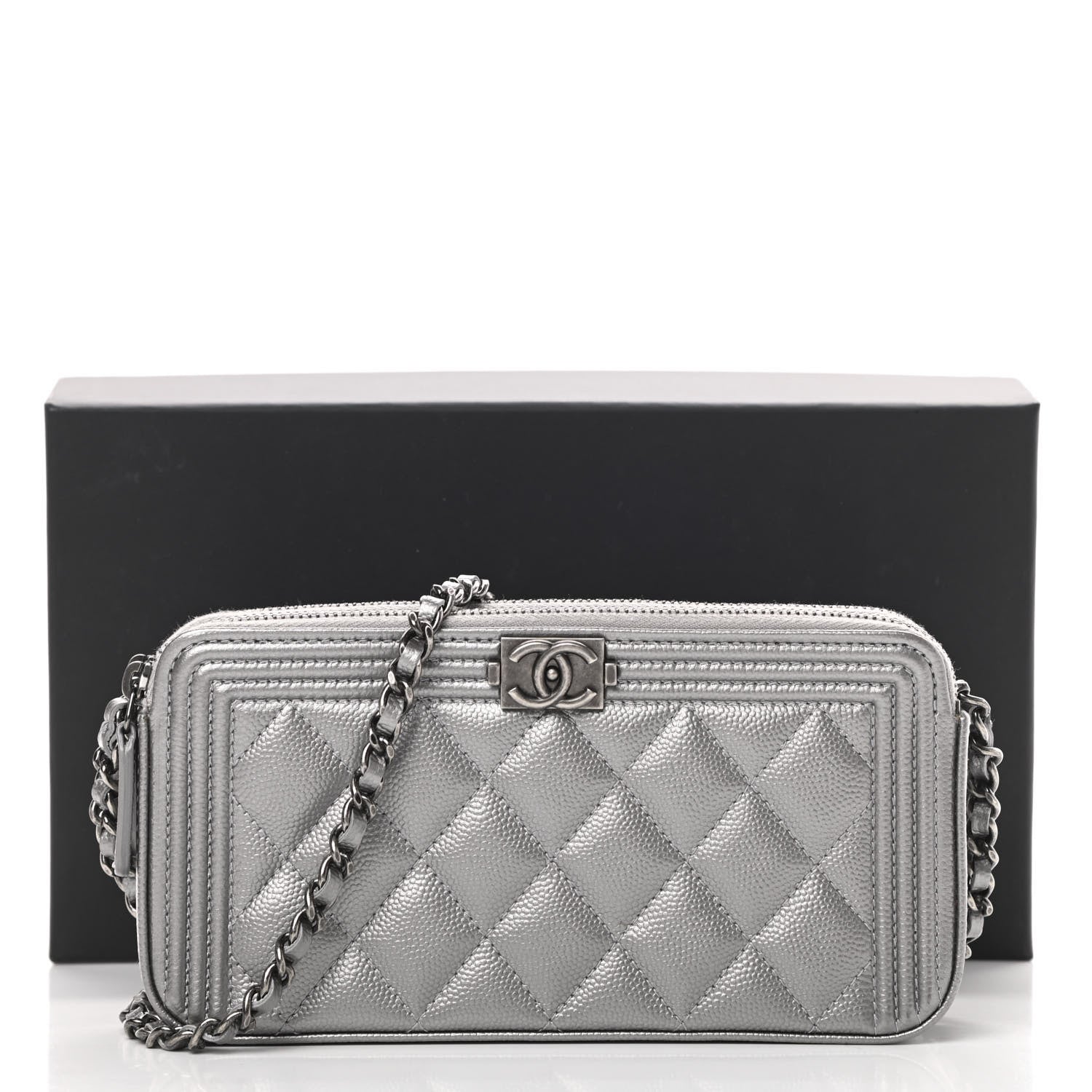 Chanel Metallic Caviar Quilted Small Boy Clutch With Chain Silver 14 of 14