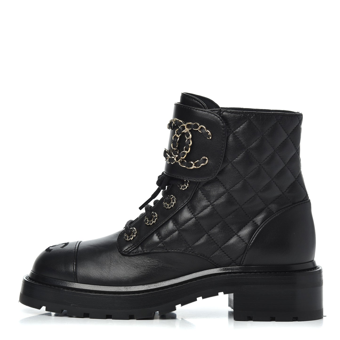 Shiny Lambskin Quilted Lace Up Combat Boots 36.5 Black