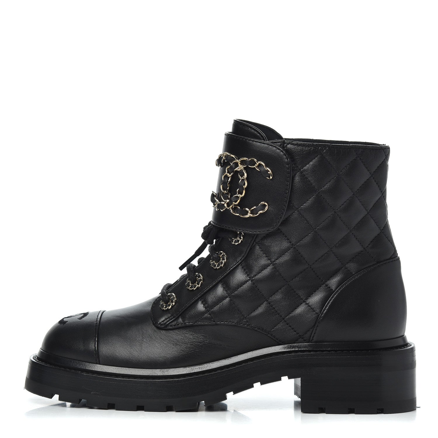 Chanel Shiny Lambskin Quilted Lace Up Combat Boots 36.5 Black 1 of 17