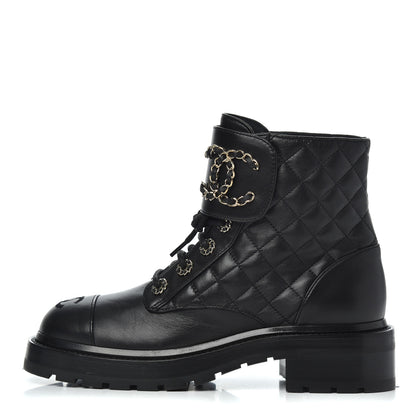 Chanel Shiny Lambskin Quilted Lace Up Combat Boots 36.5 Black 1 of 17