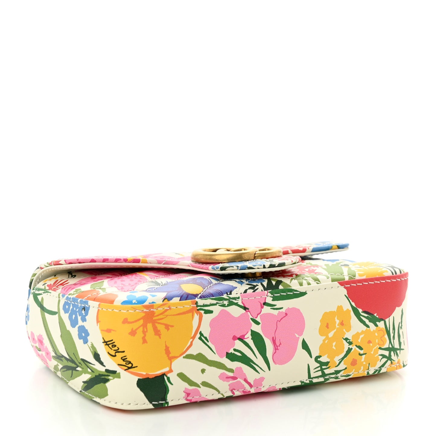 X KEN SCOTT Calfskin Matelasse Floral Print Super Mini GG Marmont Shoulder Bag Ivory Pink
