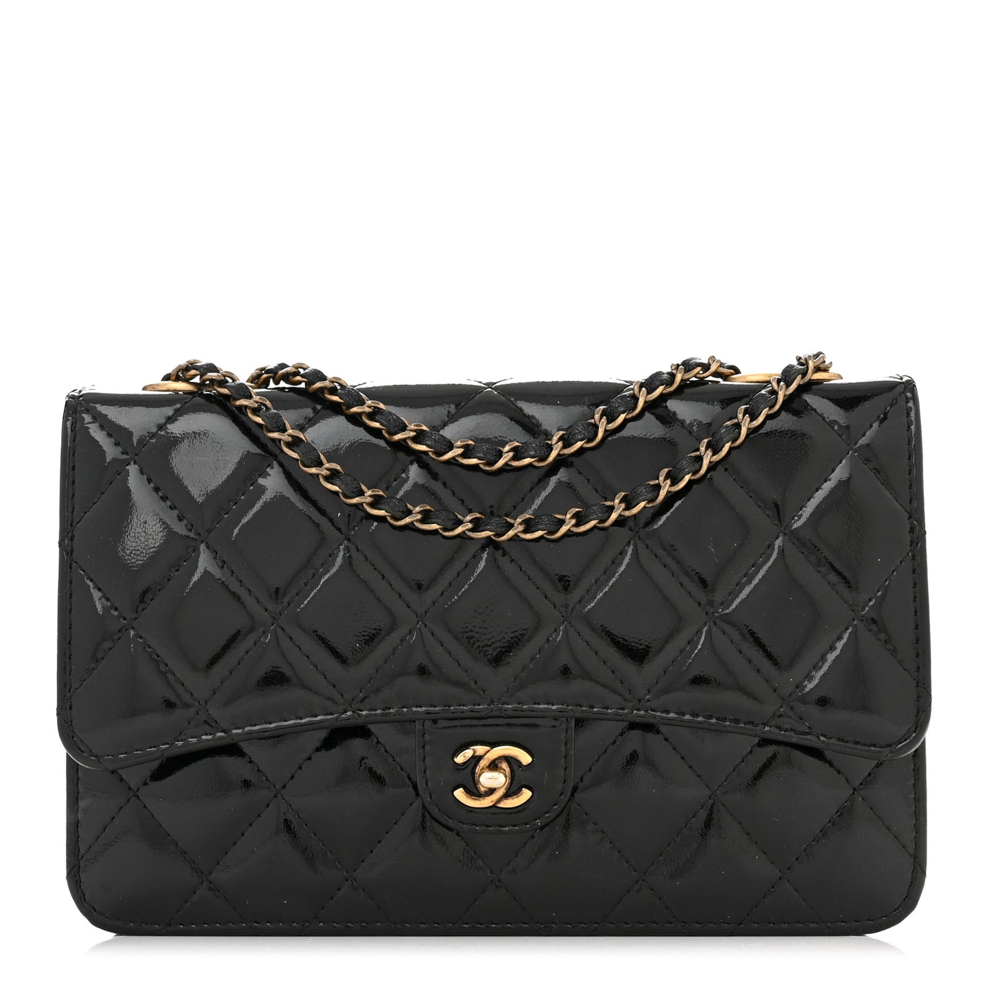 Patent Goatskin Quilted CC Eyelet Wallet On Chain WOC Black