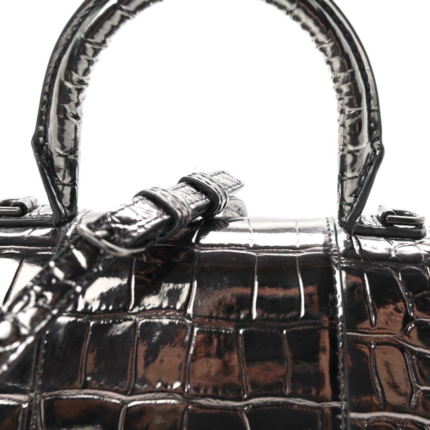 Balenciaga Metallic Shiny Calfskin Crocodile Embossed Hourglass Top Handle Bag XS Gunmetal 7 of 9