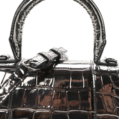 Balenciaga Metallic Shiny Calfskin Crocodile Embossed Hourglass Top Handle Bag XS Gunmetal 7 of 9