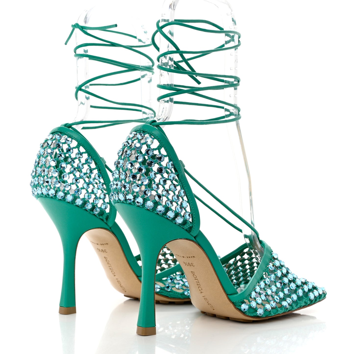 Mesh Nappa Crystal Embellished Sparkle Stretch Ankle Tie Sandals 39.5 Acid Turquoise