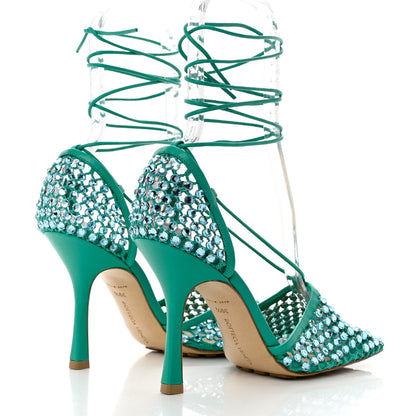 Bottega Veneta Mesh Nappa Crystal Embellished Sparkle Stretch Ankle Tie Sandals 39.5 Acid Turquoise 4 of 7