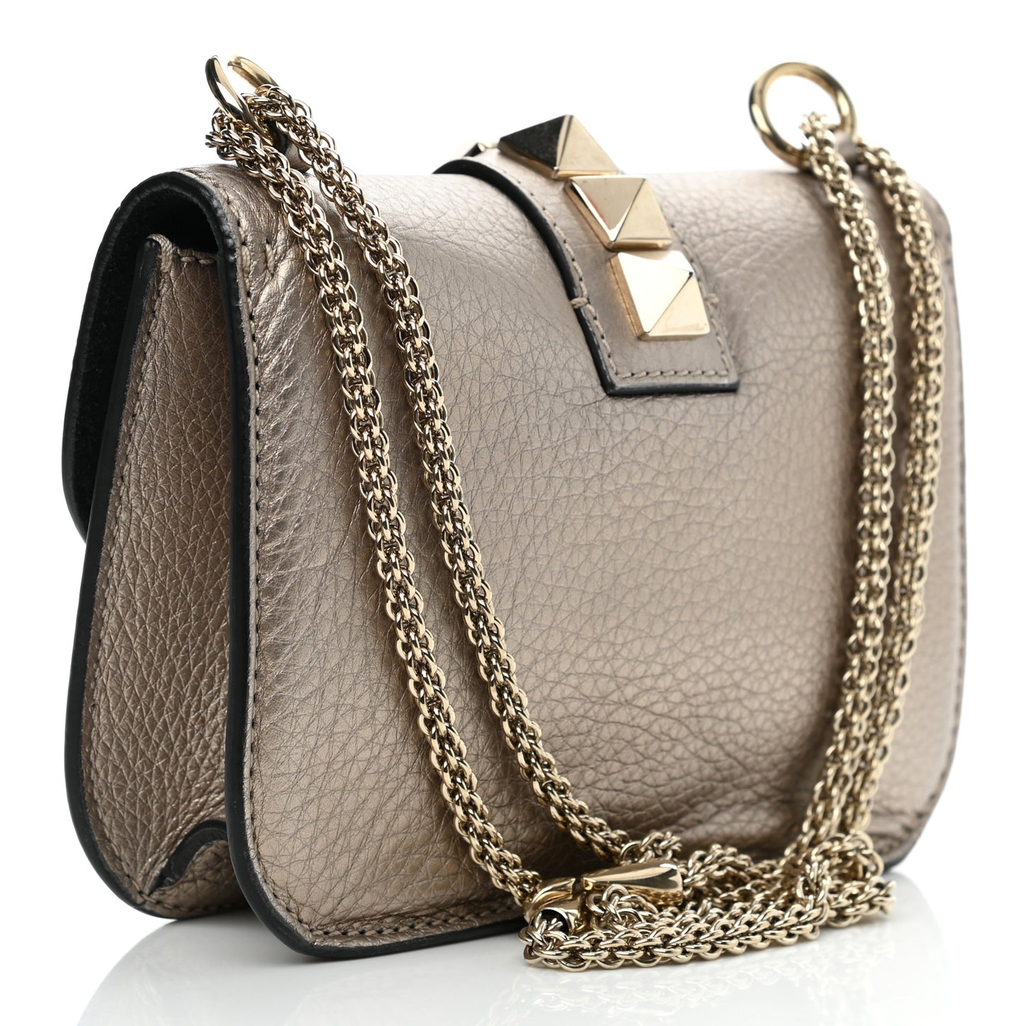 Metallic Vitello Small Glam Lock Rockstud Flap Platino