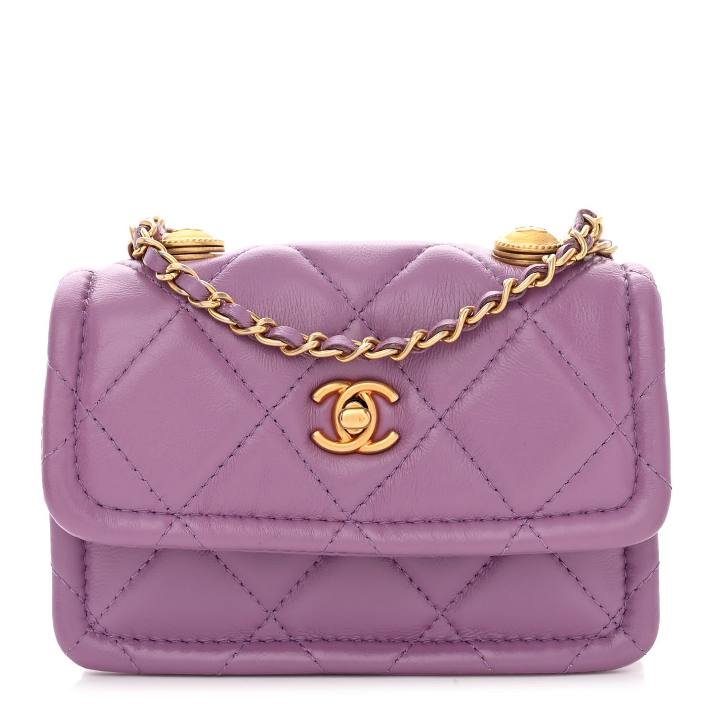 Shiny Lambskin Quilted Extra Mini Flap Purple