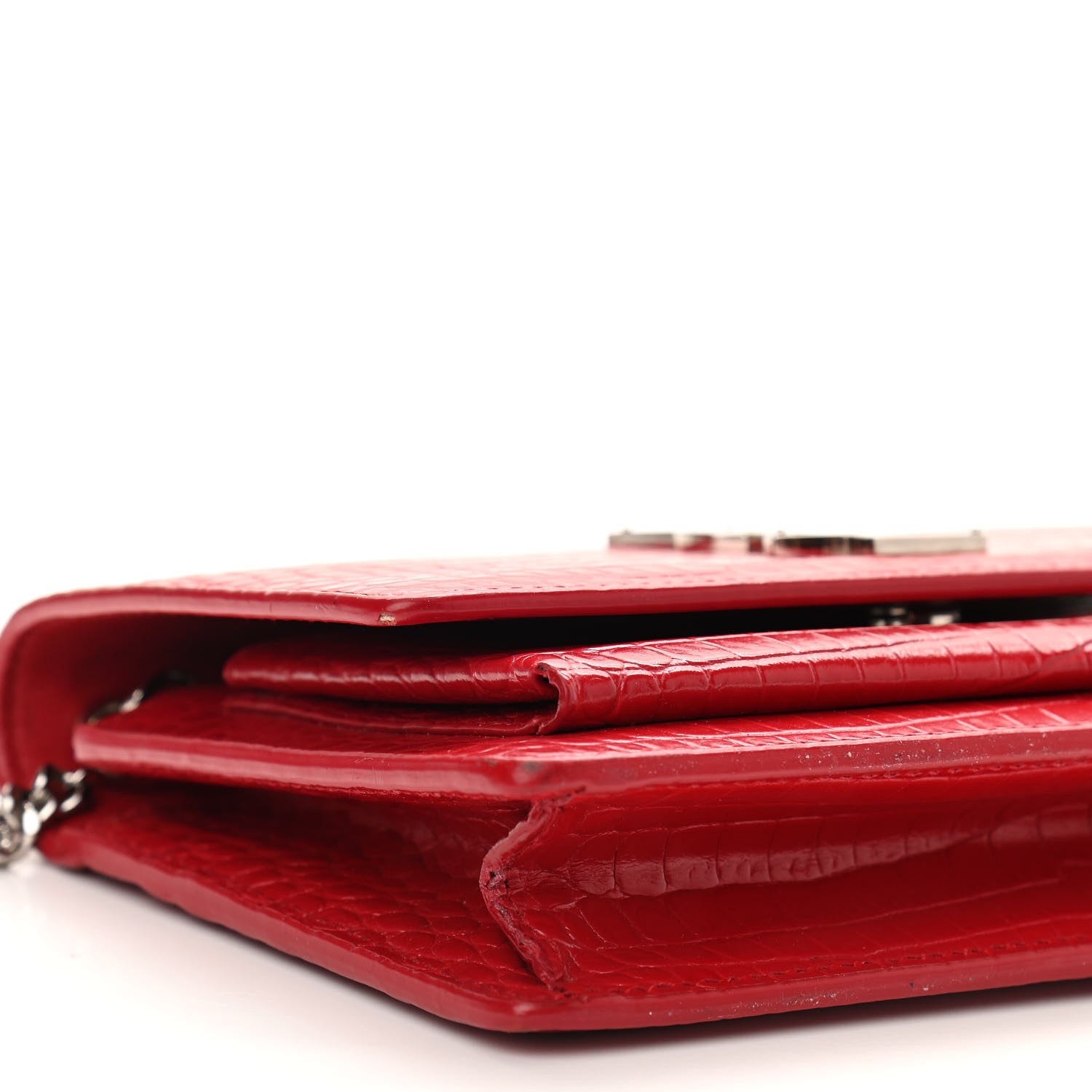 Saint Laurent Calfskin Crocodile Embossed Monogram Sunset Chain Wallet Rouge Eros 8 of 10