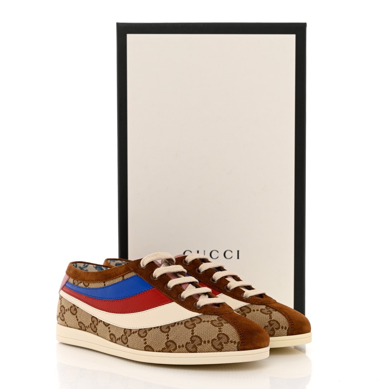 Gucci Suede Monogram Web Womens Falacer Sneakers 35.5 Nocciola Beige Mystic White Hibiscus Red 10 of 10