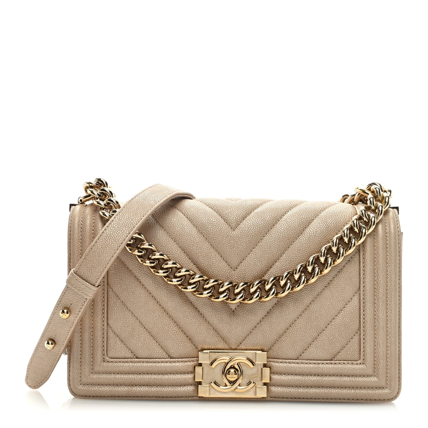 Metallic Caviar Chevron Quilted Medium Boy Flap Light Beige