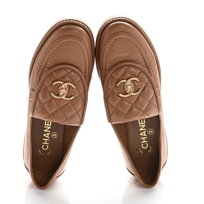 Chanel Crumpled Lambskin Quilted CC Turnlock Moccasins 37.5 Dark Beige 2 of 11