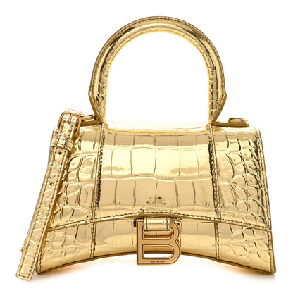 Balenciaga Metallic Calfskin Crocodile Embossed Hourglass Top Handle Bag XS Gold 1 of 12