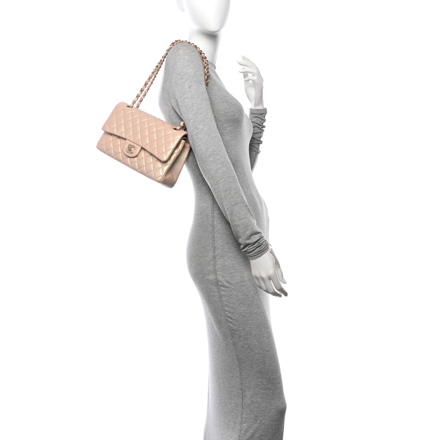 Iridescent Calfskin Quilted Medium Double Flap Beige