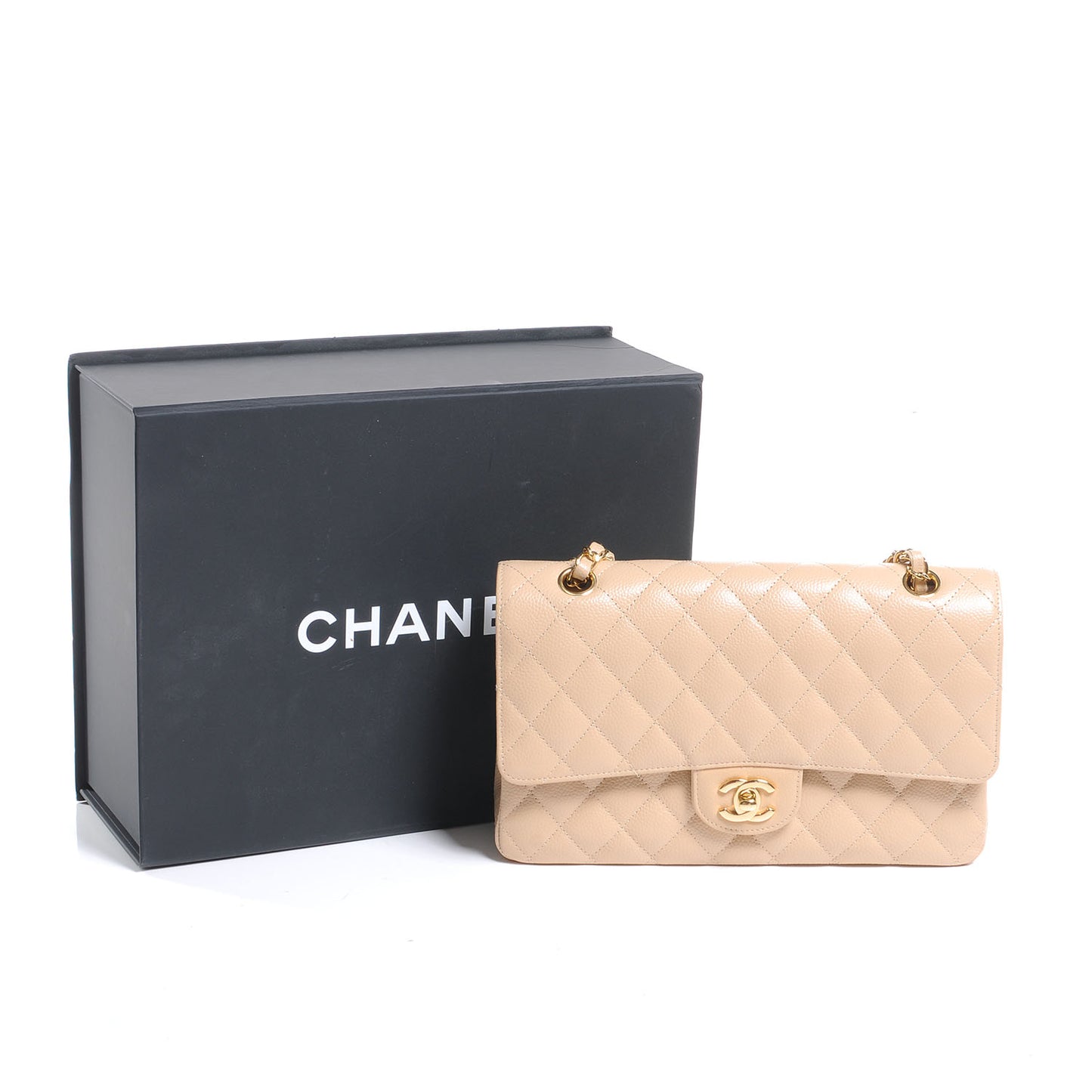 Caviar Quilted Medium Double Flap Beige
