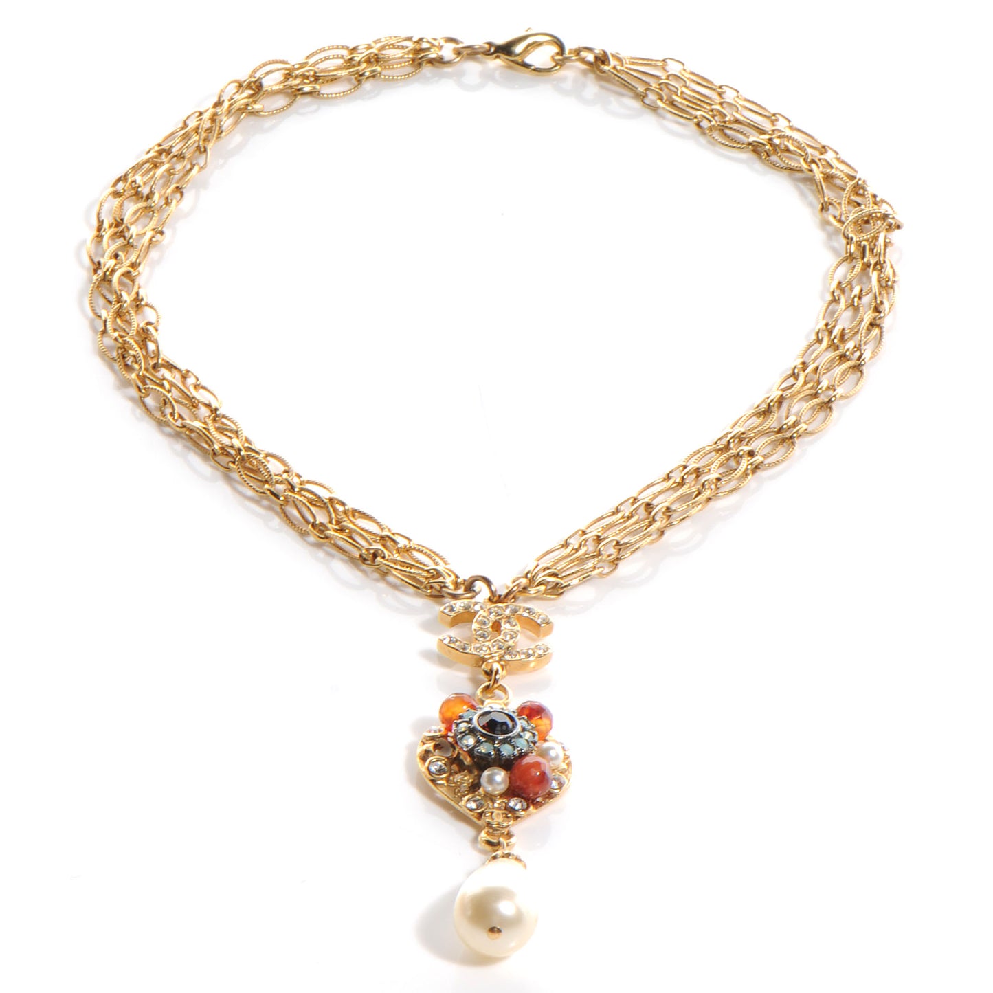 Jeweled Pearl CC Logo Drop Necklace Gold