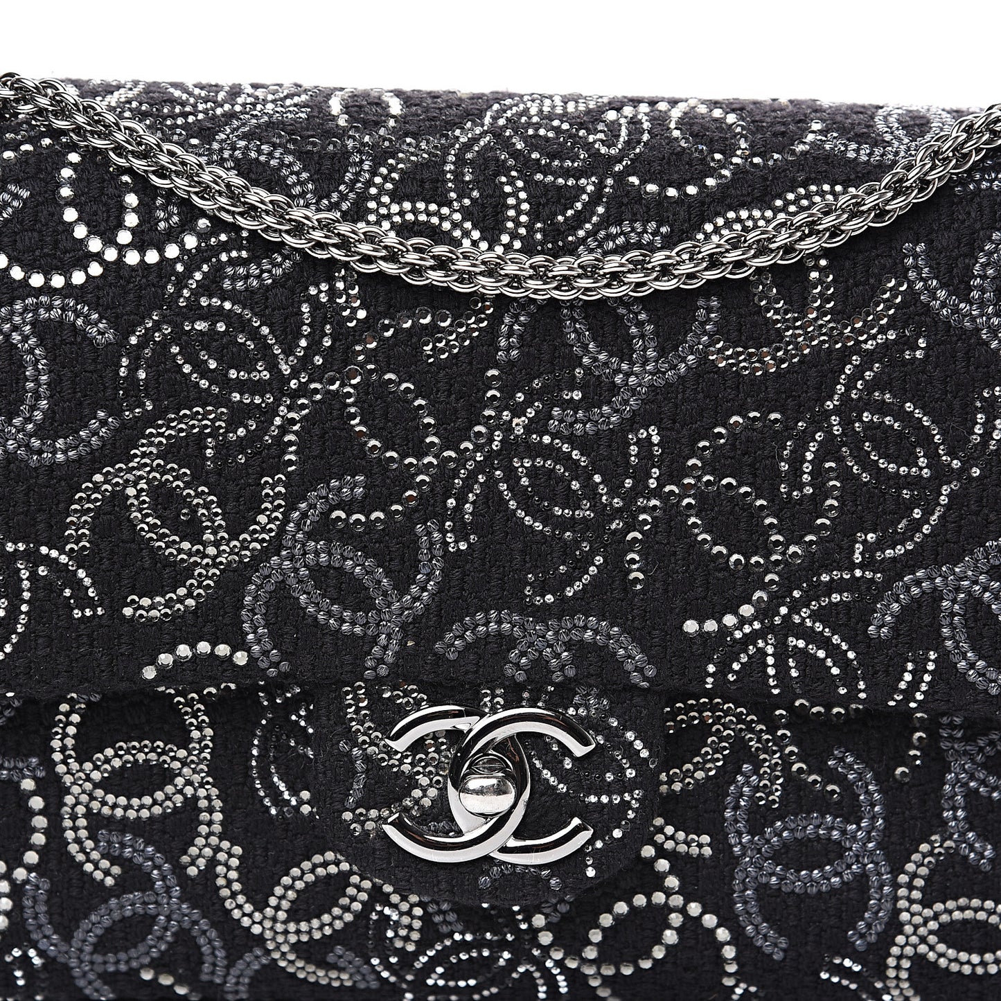Tweed Strass Medium Pudong Double Flap Black