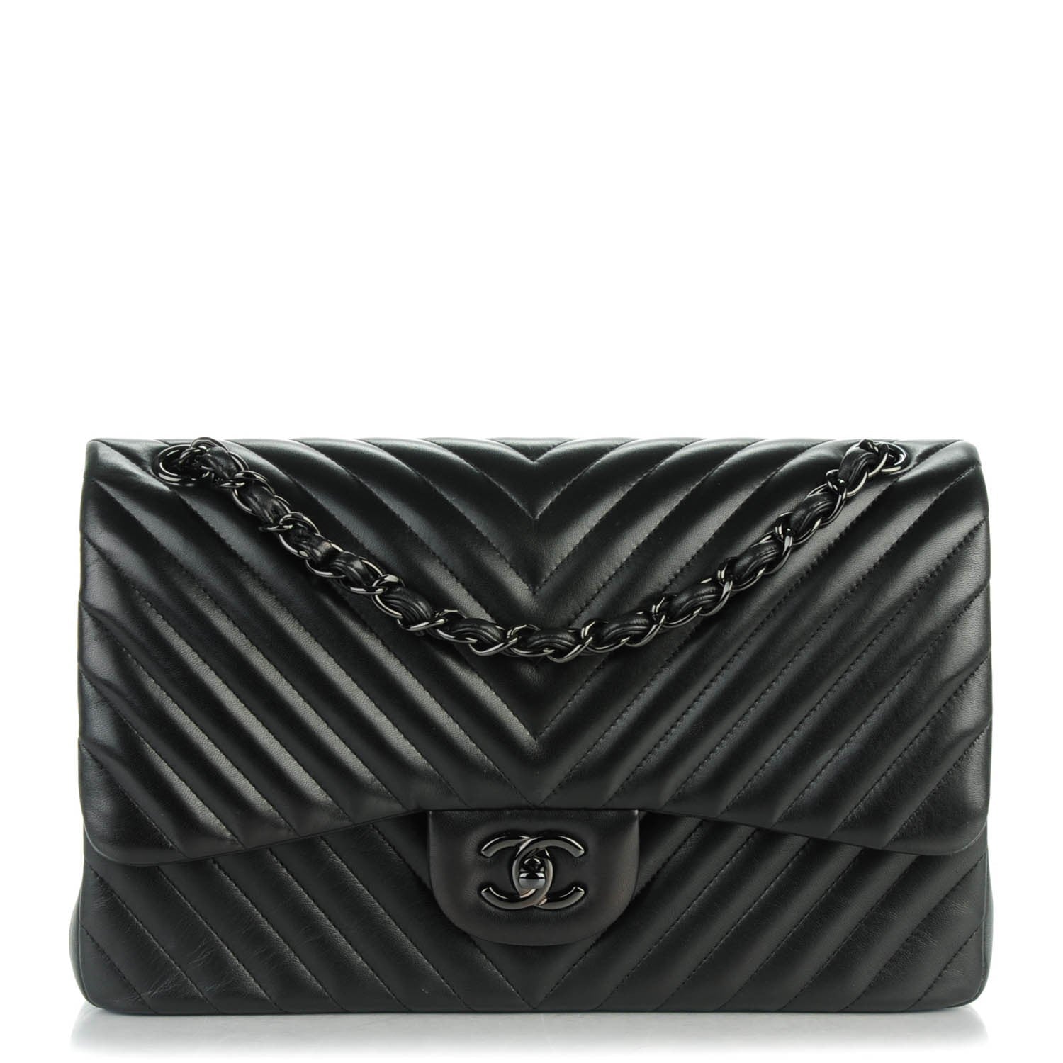 Chanel Lambskin Chevron Quilted Jumbo Double Flap So Black 1 of 7