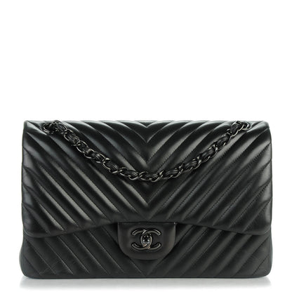 Chanel Lambskin Chevron Quilted Jumbo Double Flap So Black 1 of 7