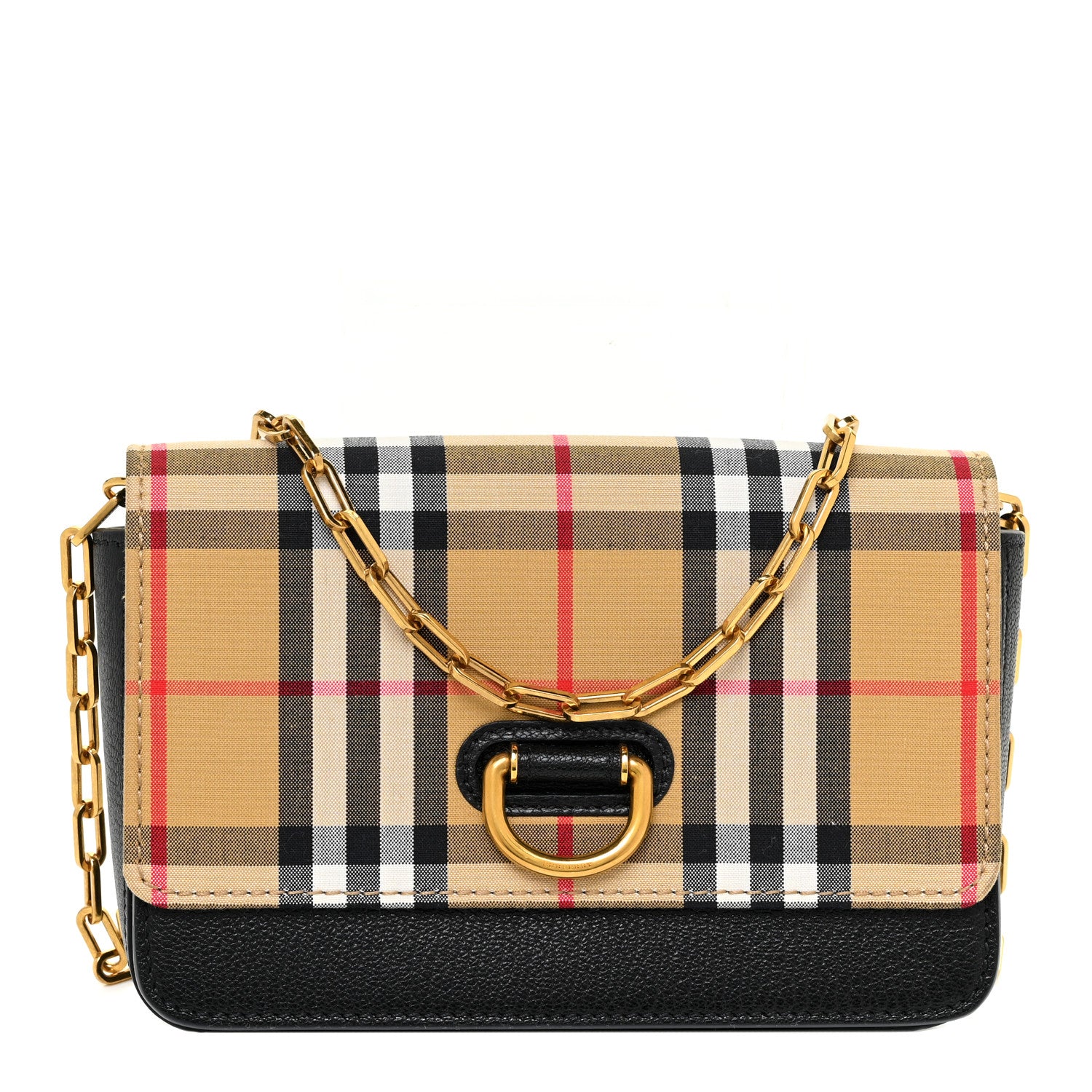 Burberry Goatskin Cotton Canvas Vintage Check D-Ring Mini Bag Black Antique Yellow 1 of 12