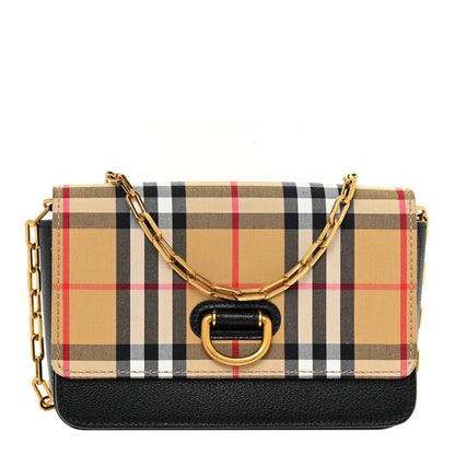 Burberry Goatskin Cotton Canvas Vintage Check D-Ring Mini Bag Black Antique Yellow 1 of 12
