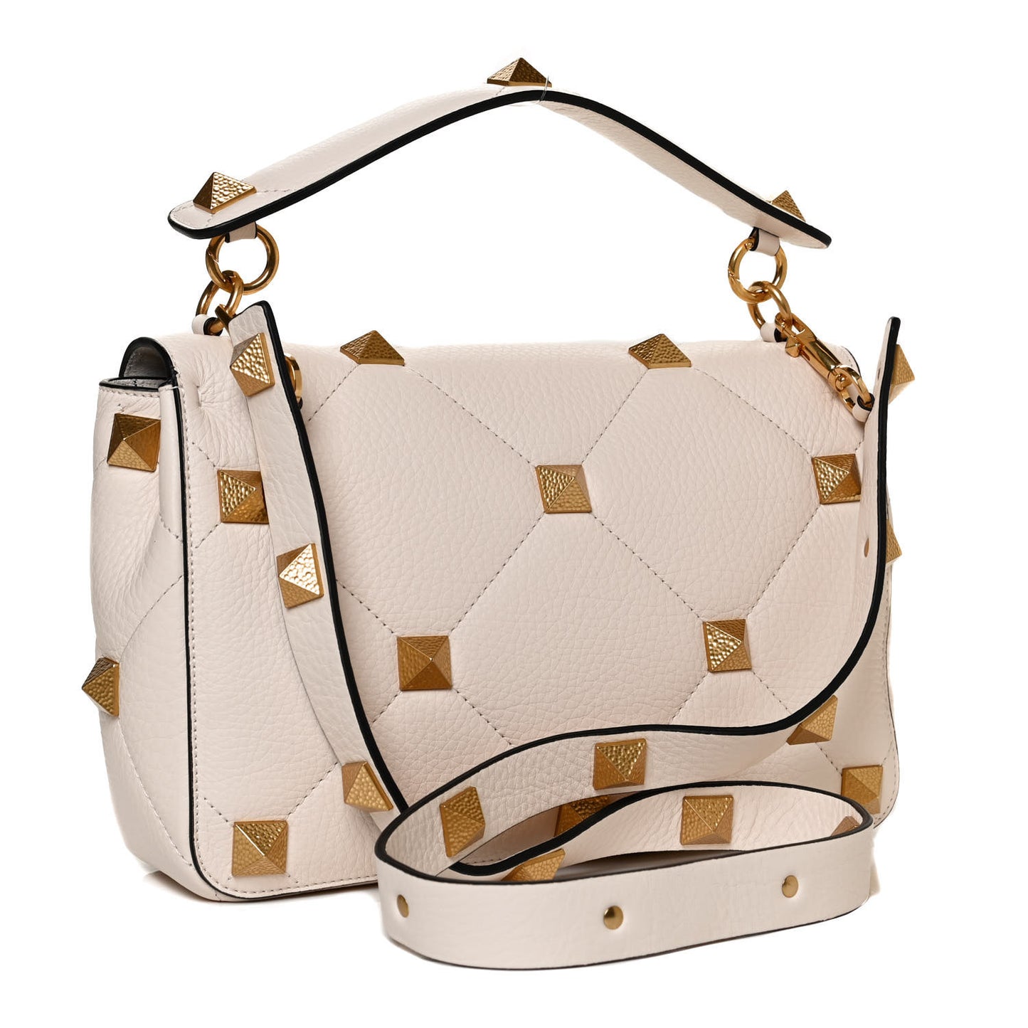 Grained Calfskin Large Roman Stud Shoulder Bag Light Ivory