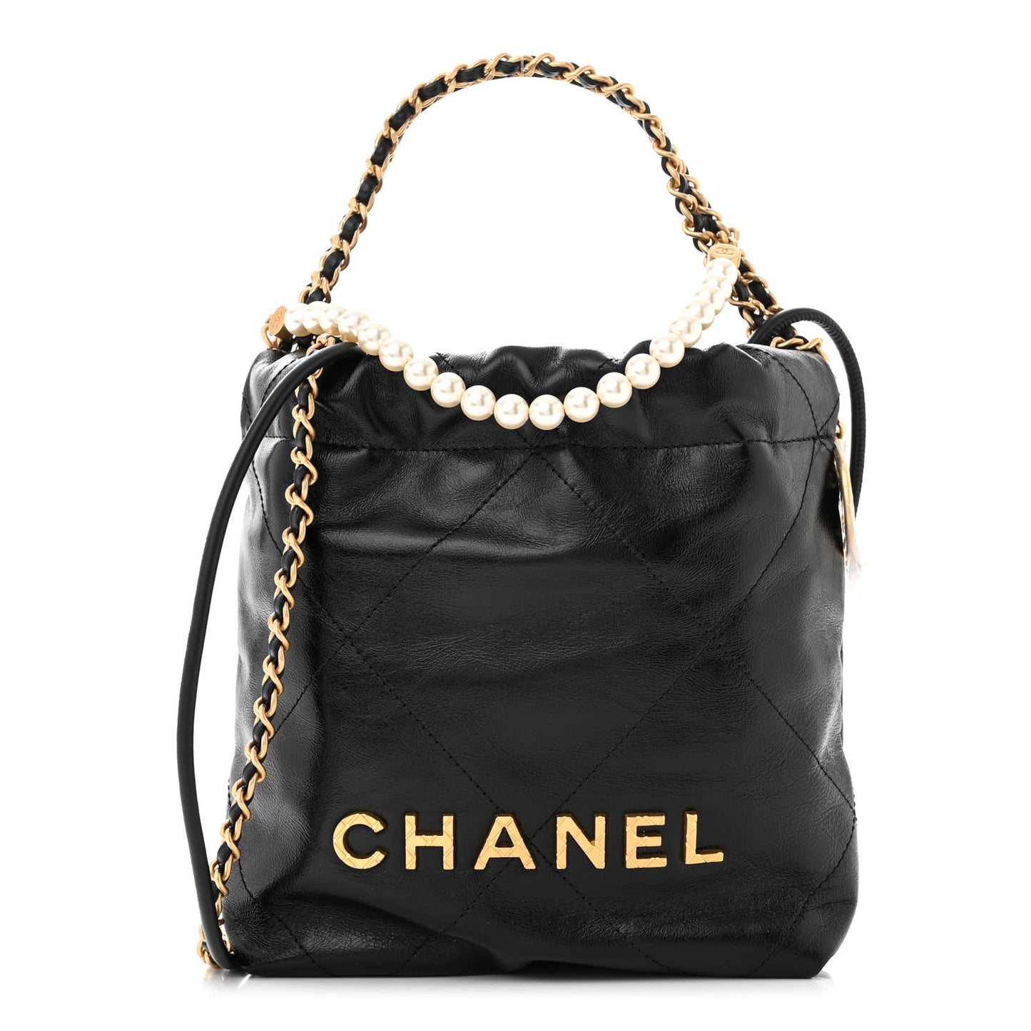 Shiny Crumpled Calfskin Quilted Pearl Mini Chanel 22 Black