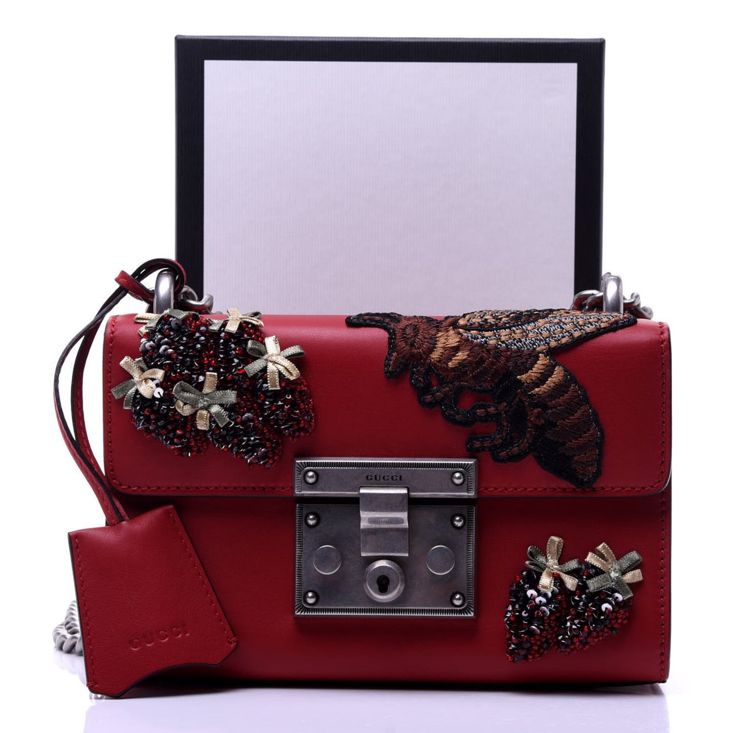 Calfskin Bee Embroidered Small Padlock Shoulder Bag Hibiscus Red
