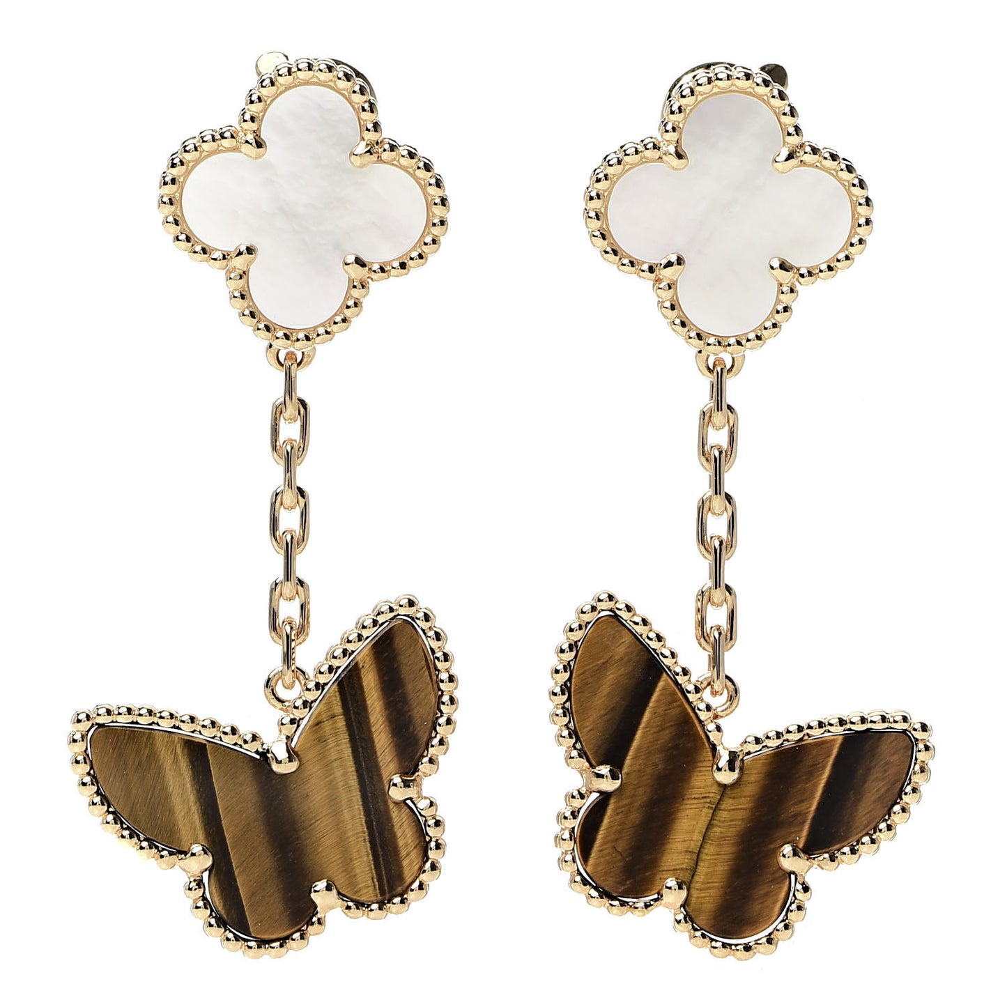 18K Yellow Gold Mother of Pearl Tiger's Eye Lucky Alhambra 2 Motifs Butterfly Earrings
