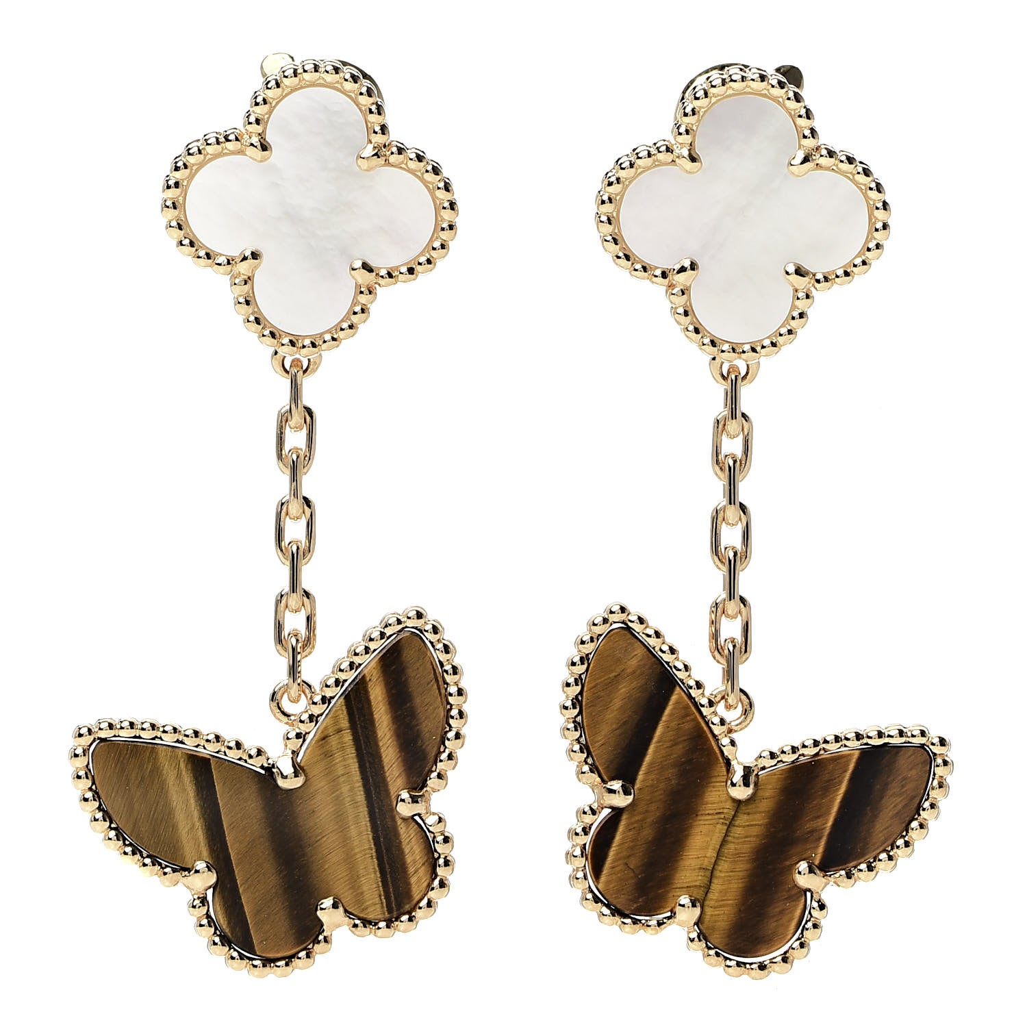 Van Cleef & Arpels 18K Yellow Gold Mother of Pearl Tiger's Eye Lucky Alhambra 2 Motifs Butterfly Earrings 1 of 6