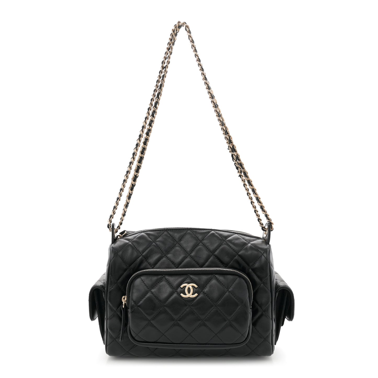 Shiny Crumpled Lambskin Quilted Medium Preppy Pocket Camera Case Black