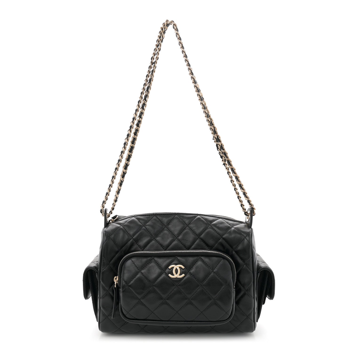 Chanel Shiny Crumpled Lambskin Quilted Medium Preppy Pocket Camera Case Black 1 of 12