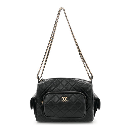 Chanel Shiny Crumpled Lambskin Quilted Medium Preppy Pocket Camera Case Black 1 of 12