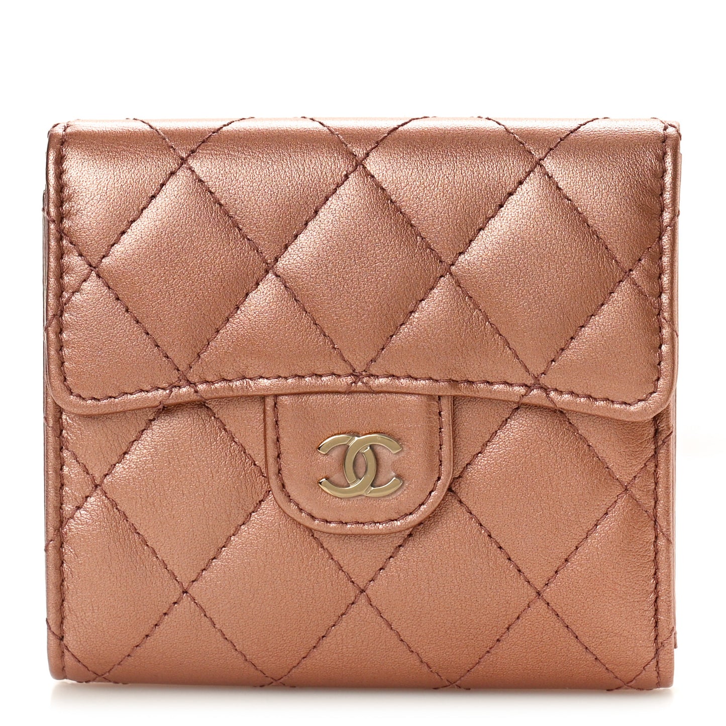 Metallic Lambskin Quilted Compact Flap Wallet Dark Pink