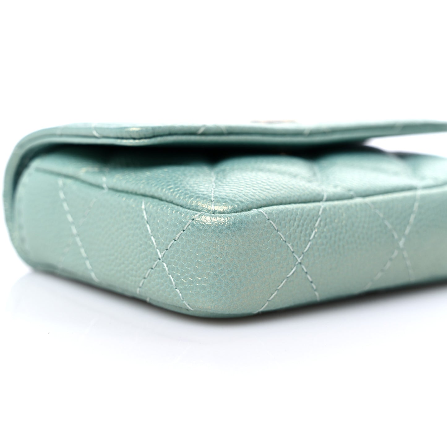 Iridescent Caviar Quilted Pearl On Top Coin Purse With Chain Light Green