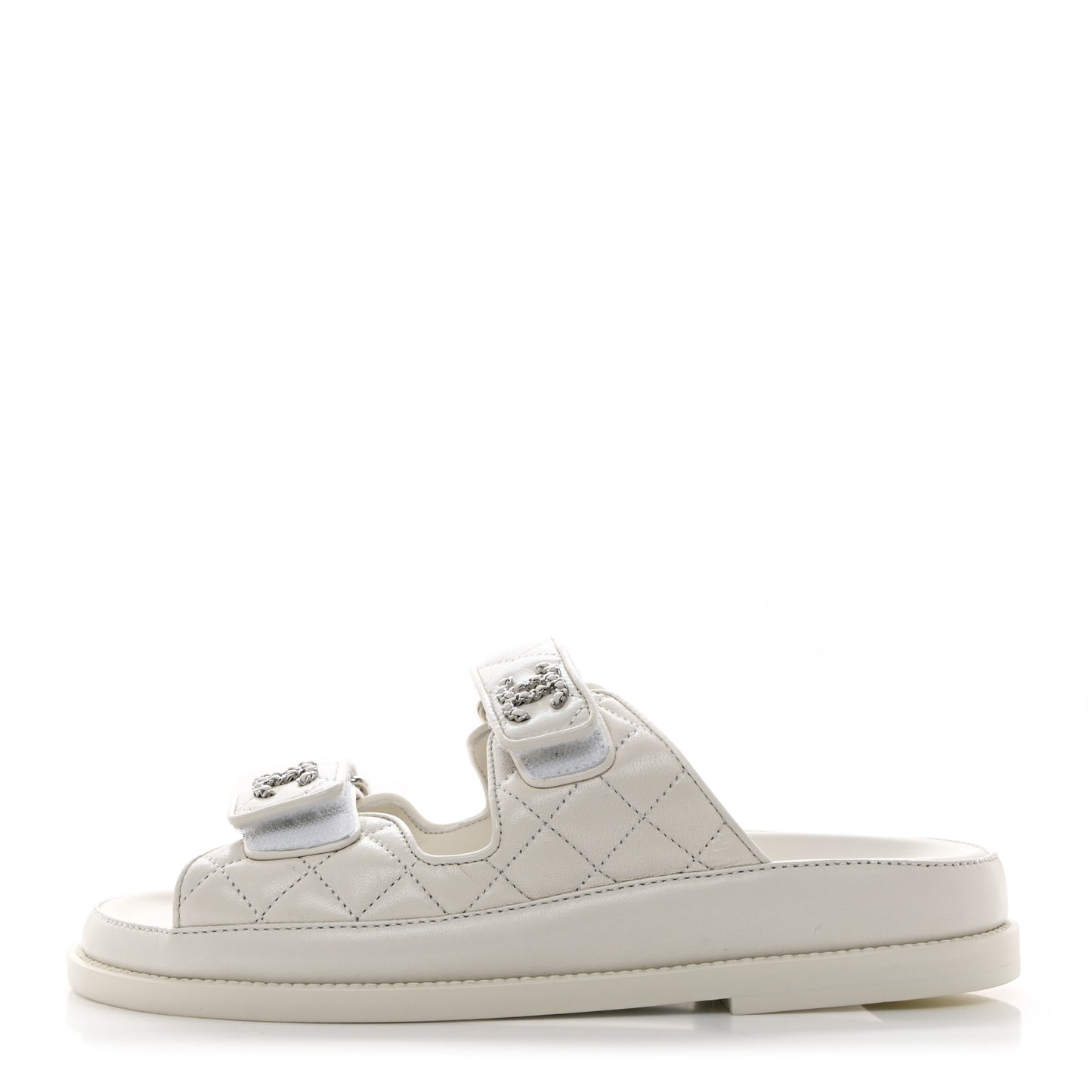 Lambskin Quilted Velcro Dad Chain CC Slide Sandals 36 White