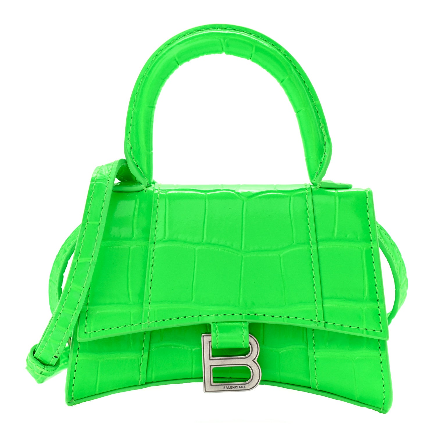 Balenciaga Shiny Calfskin Crocodile Embossed Hourglass Top Handle Bag Mini Fluo Green 1 of 10