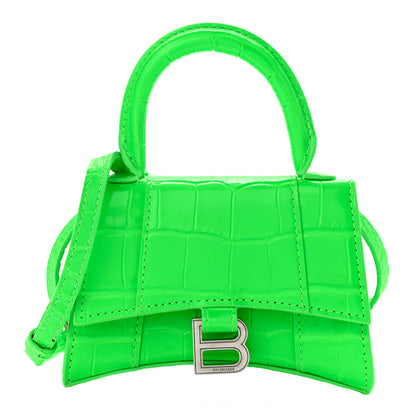 Balenciaga Shiny Calfskin Crocodile Embossed Hourglass Top Handle Bag Mini Fluo Green 1 of 10