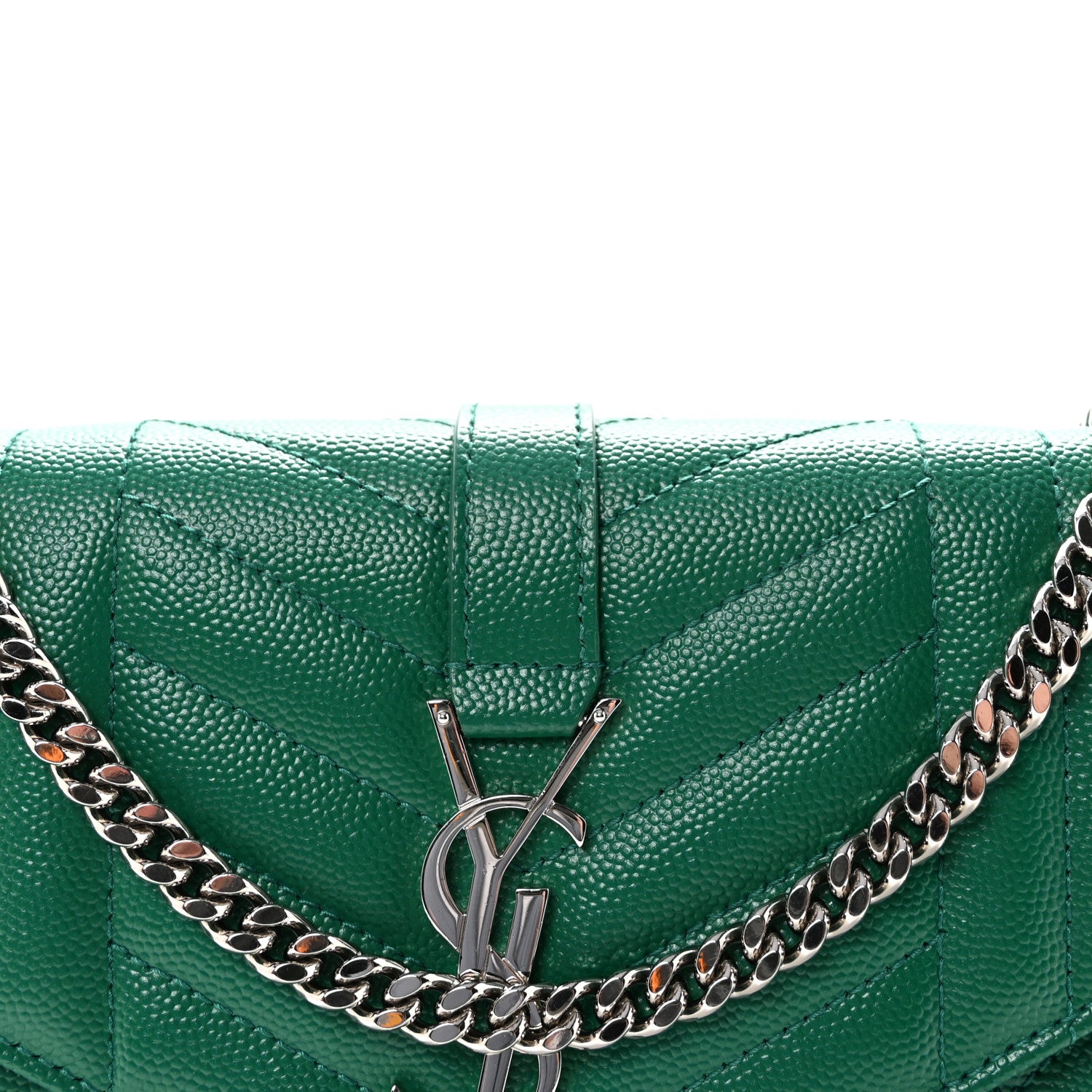 Saint Laurent Grain De Poudre Mixed Matelasse Triquilt Monogram Chain Wallet Green Field 7 of 9