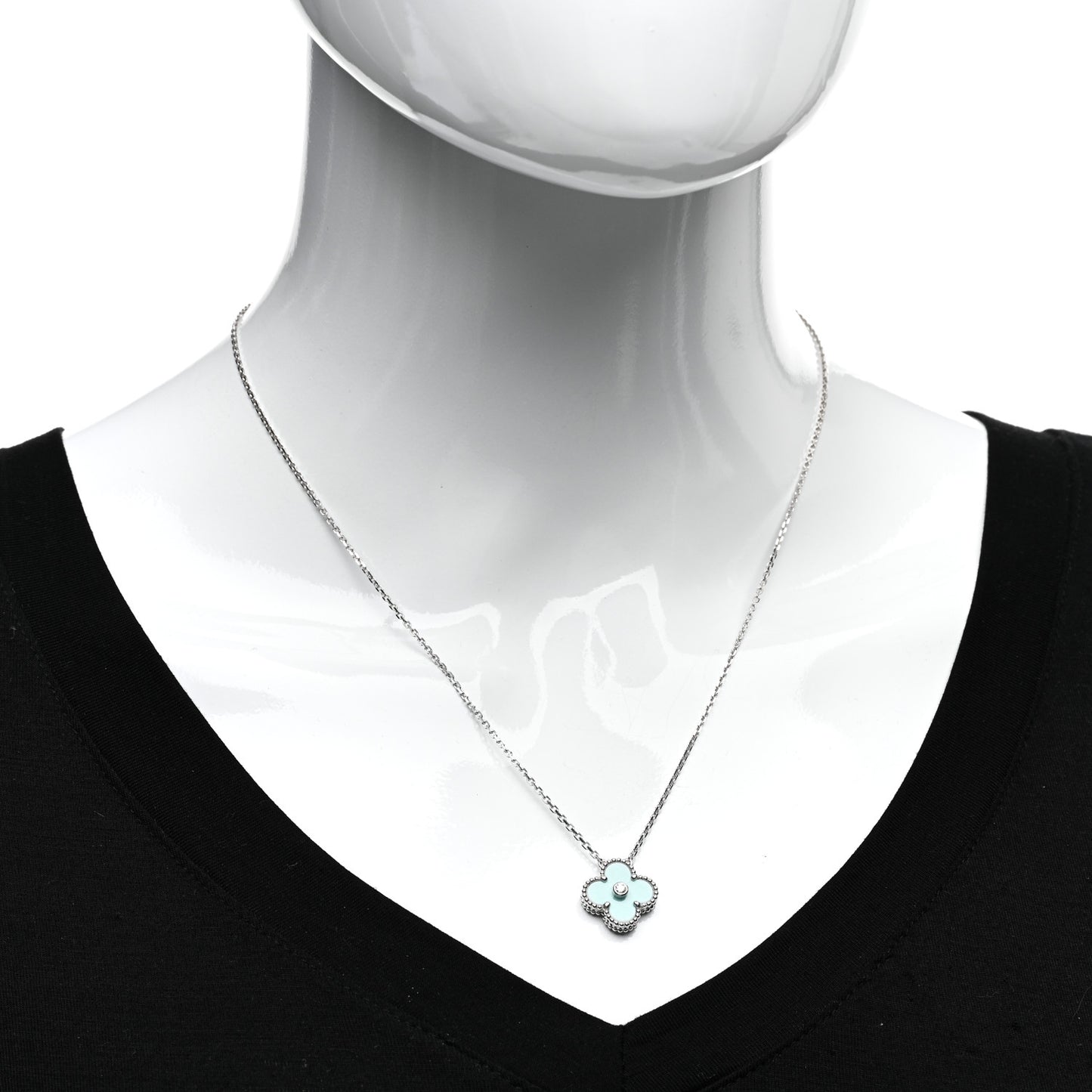 18K White Gold Diamond Celadon Green Sevres Porcelain Vintage Alhambra Pendant Necklace