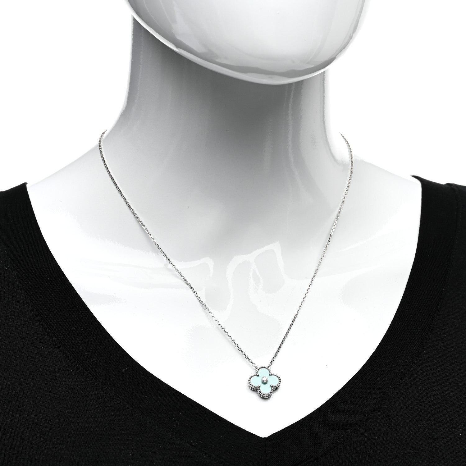 Van Cleef & Arpels 18K White Gold Diamond Celadon Green Sevres Porcelain Vintage Alhambra Pendant Necklace 2 of 5
