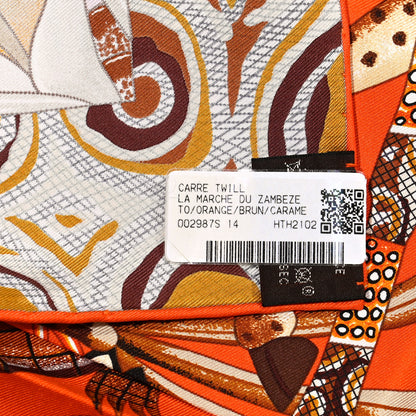 Hermes Silk La Marche Du Zambeze Scarf 90 Orange Brun Caramel 5 of 5